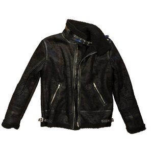 Jacket Ladies Faux Shearling Aviator Biker Blck XL